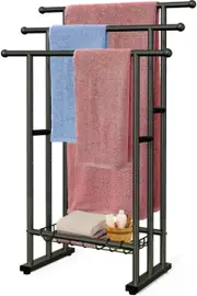 3 Tier Metal Towel Ladder with Basket, Anti-Rust Freestanding Towel Holder Organiser Shelf for Bedroom, Bathroom, Laundry Room