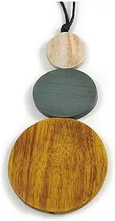 [Avalaya] YellowGreyOff White Triple Disc Wood Bead Necklace Pendant with Black Waxed Cords - 80cm Long 12cm Pendant, cords Wood