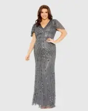 Mac Duggal Size 16 Grey 5945 Flutter Sleeve Embellished A-Line Gown Formal Dress