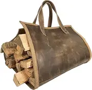 Toolshed Hide, Rustic Firewood Carrier with Handles Handmade from Full Grain Leather - Foldable Log Bag, Fireplace Wood Stove Accessories - Bourbon Brown