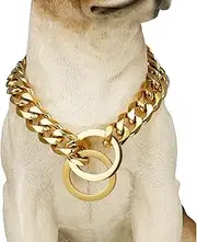 Gold Chain Dog Collar Walking Chain Cuban Link Dog Necklace, Heavy Duty Slip Collar Pet Collar for Pit Bulldog, Light Metal Jewelry Chain Puppy Accessories (32" (Fits Neck 28"))