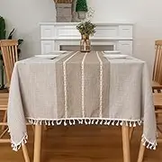 Winknowl Table Cloth Rectangle Table, Cotton Linen Waterproof Tablecloths Wrinkle Free Table Cover with Tassels for Farmhouse Kitchen Dining Tables,Striped Brown, 55x102 Inch