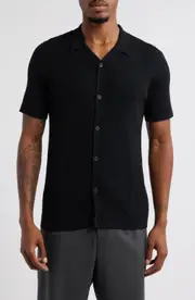 Open Edit Ribbed Short Sleeve Camp Collar Cardigan in Black at Nordstrom, Size Medium