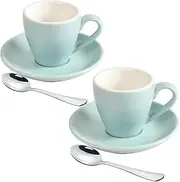 ionEgg Porcelain Espresso Cup with Saucer And Stainless Steel mini Spoons, Espresso shot Cup, 80ml/2.7Oz, Pack of 2, Blue