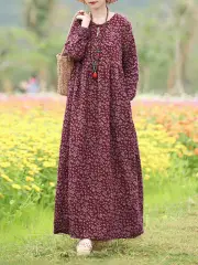 ZANZEA Women Floral Print O-Neck Long Sleeve Bohemian Holiday Maxi Dress With Pocket