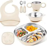 Stainless Steel Kids Plates and Bowls, 6 Pcs Baby Tableware Set Contain Deep-Divide Toddler Plates, Bowls, Cup, Utensils & Bib – BPA-Free 304 Steel + Silicone Suction – Dishwasher Safe