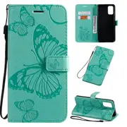 For Samsung Galaxy S20 Ultra Case, Pressed Butterflies Pattern PU Leather Wallet Cover with Stand & Lanyard, Green