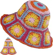 [Comebachome] Crochet Bucket Hat, Adjustable UV Protection Paper Straw Bucket Hat with Wide Brim, Bohemian Floral Knit, Foldable Crochet Hats for Women Beach Summer