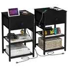 Nightstands set of 2 with Charging Station, Bedside Tables with Fabric Black
