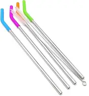 Big Drinking Straws Reusable 12" Extra Long 8mm Extra Wide Food-Grade 18/8 Stainless Steel Silicone Elbows Tips Covers for Smoothie Milkshake Cocktail Juice Hot Drinks - Set of 4 + 2 Cleaning Brushes