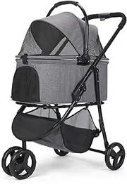 Pet Stroller with 3 Wheels, Foldable Pet Travel Carrier for Small/Medium Dogs Cats up to 40lbs, Detachble Portable Pet Bag, Storage Basket, Car Seat 3 in 1 Multifunctional (Dark Gray)