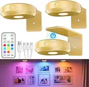 WILLED Wireless Picture Lighting Wall, LED Spot Battery With Remote Control, Rechargeable Lamp, 9 RGB Colours, Showcase LED With Timer, Gold (Pack of 3)