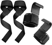 Weight Lifting Wrist Straps and Hooks Set - Black, Reinforced Stainless Steel Hooks with Non-Slip Rubber Pads, Adjustable Neoprene Wristband for Deadlifts, Pull-Ups, and Strength Training