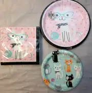 PURR-FECT Kitty Cat Birthday Party Supply Small Kit w/8 Dinner & Lunch Plates