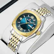 VA VA VOOM Luxury Men Stainless Steel Watch Fashionable Business Style Gold Calendar Quartz Movement Wine Barrel Shaped Casual Sports Watch