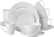 [QOMO-1996] Ceramic Dinnerware Set,16 Pieces Elegant Plates and Bowls Set with Mugs, Dishwasher/Microwave Safe, Dinnerware Dish Set, White Embossed Stripe Dishes,Service for 4