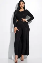 Solid Heavy Rayon Spandex Long Sleeve Crossed Over Long Top And Leggings 2 Piece