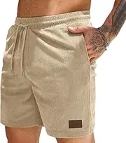 [UK loees] UK looes Men's Corduroy Shorts Casual Elastic Waist Drawstring Summer Beach Shorts Lightweight Shorts