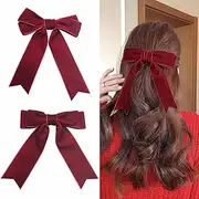 Bow Hair Clip, Velvet Hair Bows for Women Red Big Bowknot Hairpin French Hair Clips with Long Ribbon Solid Color Hair Barrette Clips Vintage Hair Accessories for Women Girls