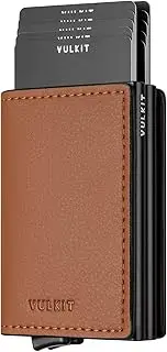 [VULKIT] Pop Up Wallet Automatic Leather Slim Credit Card Holder RFID Blocking Metal Double Card Case for Men and Women Brown