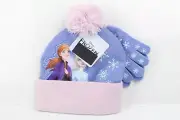 Disney Girls Frozen Winter Hat Beanie & Gloves Set Anna Elsa Patch Purple Pink