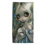 Kids Fantasy Art Keeping Up Alice Holding a Clock Microfiber Beach Towel