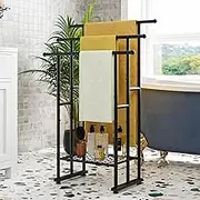 FOUBAM Black Free Standing Towel Racks for Bathroom Towel Rack Stand,3 Tiers Floor Bath Towel Holder,Metal Towel Organizers and Bathroom Storage for Laundry Room,Anti-Rust Ladder Towel Bar(Black)