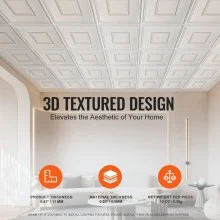 White Geometric PVC Ceiling Tiles, 12-Pack (0.6m x 0.6m) - Easy Install, Acou...