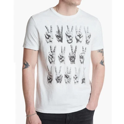 John Varvatos Men's Short Sleeve Peace Sign Rows Retro Graphic Crew T-Shirt Salt