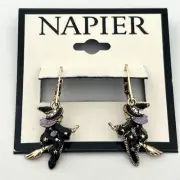Napier Halloween Fall Enamel Rhinestone Flying Witch Leverback Earrings New