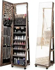 Giantex 164cm Mobile Jewelry Cabinet Armoire, Standing Lockable Jewelry Organizer w/Makeup Mirror, 3-Color LED Lights, Adjustable Shelves & Universal Wheels, Full-Length Mirror (Coffee)