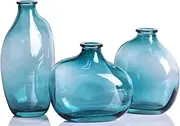DOVDOV Set of 3 Green Glass Bud vases, Modern Decorative Fresh Flowers Small vase for Home Table Centerpiece Wedding Party Office Kitchen Shelf Decoration Bulk Mini vase.