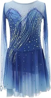 [Zagitova] Womens Long Sleeve Figure Ice Skating Dress Lyrical Dance Costume with Shiny Rhinestone for Competition
