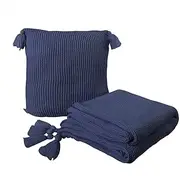 DreamZ Knitting Throw Blanket Cushion Set Pillow Tassel Fringe Sofa Bed Rug Navy