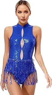 [Vxuxlje] Women's Shiny Sequin Fringe Latin Dance Leotard Sleeveless Open Back Tassel Bodysuit