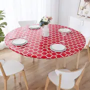 Elastic Edge Round PVC Table Cloth Oilcloth Moroccan Trellis Tablecloth - Red