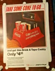 Vintage 1070's Coca-Cola Advertisement Poster can and 8-Track Caddy