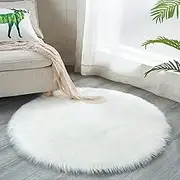 Soft Faux Sheepskin Fur Rug Fluffy Faux Fur Area Rug Round Floor Mat Luxury Carpet Chair Cover Seat Pad for Holiday Chistmas Tree Skirt Shaggy Rug Bedroom Sofa Living Room (90cm, White)