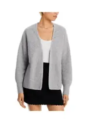 AQUA Cashmere Open Front Cardigan Women's L Light Grey Drop Shoulder Long Sleeve