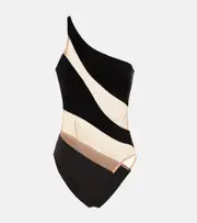 [Norma Kamali] Norma Kamali Snake paneled mesh one-shoulder swimsuit AU 14 black