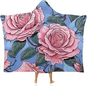 [Ausinbed] Roses Flower Cloak Hooded Blanket Fleece Hooded Robe Cloak Arctic Velvet Warm Throw Quilt Poncho Soft Nap Blanket Novelty Blanket Air Conditioning Blanket,50"x60"
