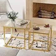 VILAWLENCE Coffee Table Set of 2, Modern Gold Glass Side Table, Metal Frame Square End Table, Center Tables Nesting Coffee Table for Living Room,Bedroom and Small Spaces
