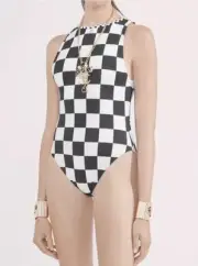 Brand New Chanel 2023 Cruise Runway One-Piece Checkered Swimsuit Black Size 40