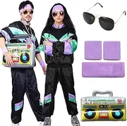 80s 90s Fancy Dress Costumes for Adults, 80s Shell Suit Costume, Retro Tracksuit Outfit Set with Headband Wristbands Glasses Inflatable Radio, for Halloween Carnival Party