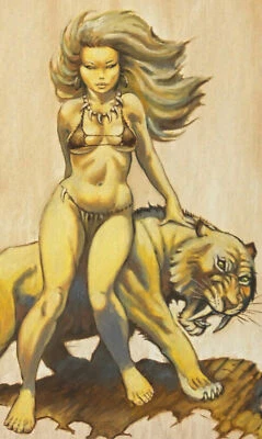 DON MARQUEZ original art, CAVE WOMAN with Sabretooth tiger, 16x20 on board, 2002