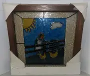 Vintage Stained Glass Window Wall Panel 18” Wooden Framed Country Farm Sunny Day
