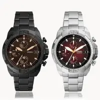 在飛比找Yahoo!奇摩拍賣優惠-手錶帶 代購FOSSIL手錶不銹鋼酷黑三眼計時商務休閑石英錶