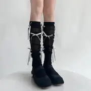 Ribbon Ribbed Socks Gray Bow - Black - One Size