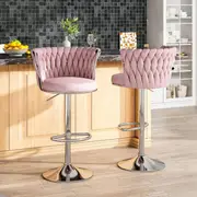 Modern Silver Swivel Upholstered Velvet Adjustable Height Counter Stool with Metal Frame Pink (Set of 2)