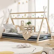 Oikiture King Single Kids Bed Frame Mattress Set Wooden Timber Teepee House Beds